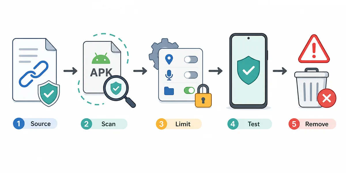 Five-step editorial flow for safer third-party APK testing from source check to removal