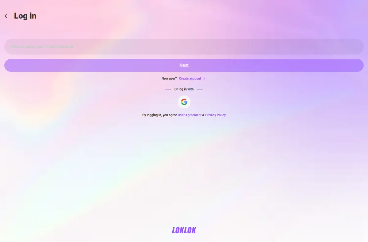 Halaman login Loklok web dengan kolom email dan tombol Google