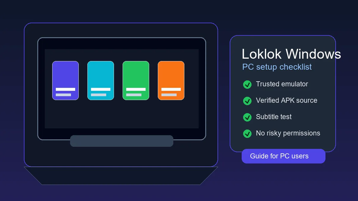 Loklok Windows PC guide showing a laptop, emulator steps, APK safety checks, and streaming app setup