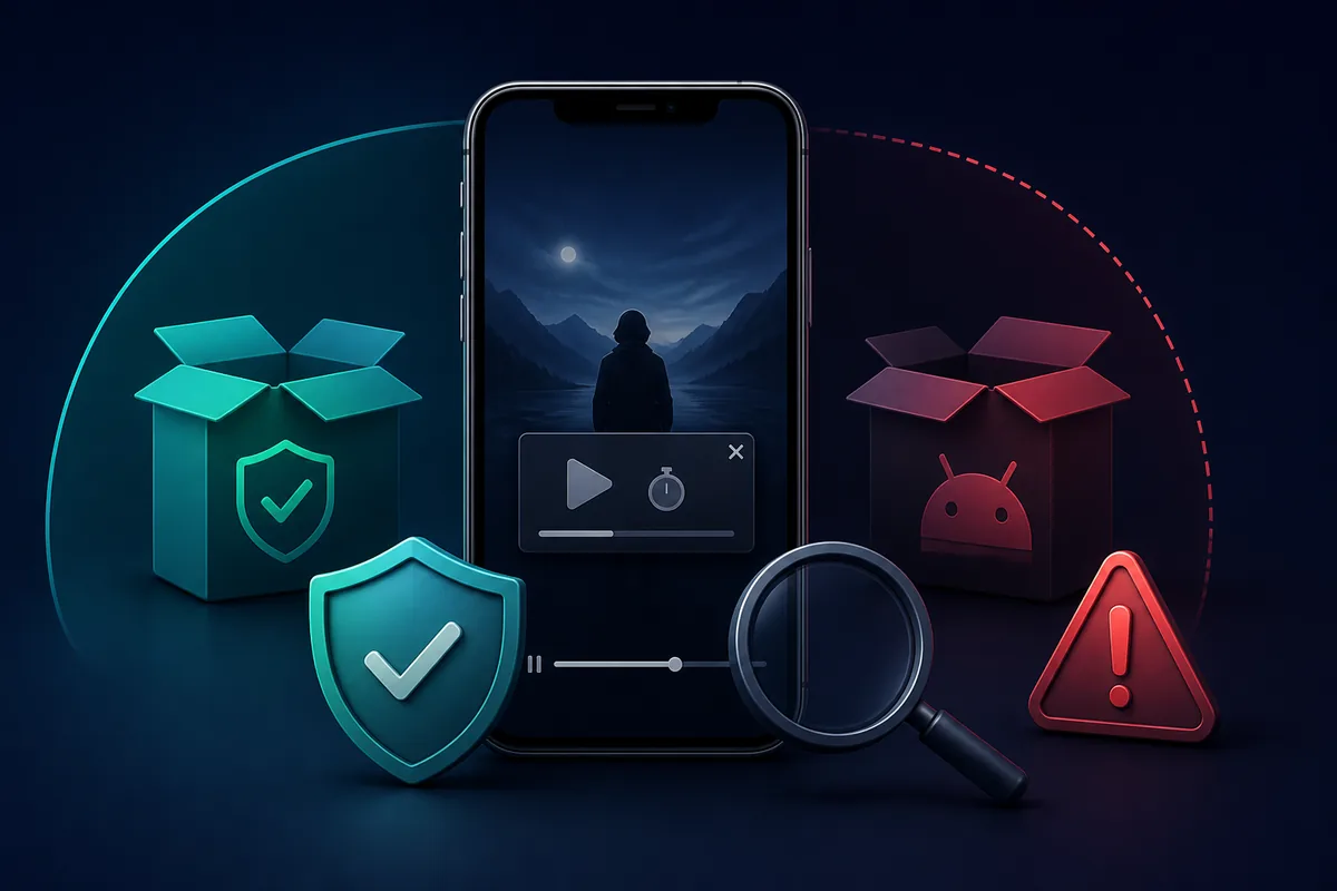 스트리밍 휴대폰, 광고 중단, 출처 확인, APK 안전 점검을 표현한 개념 일러스트