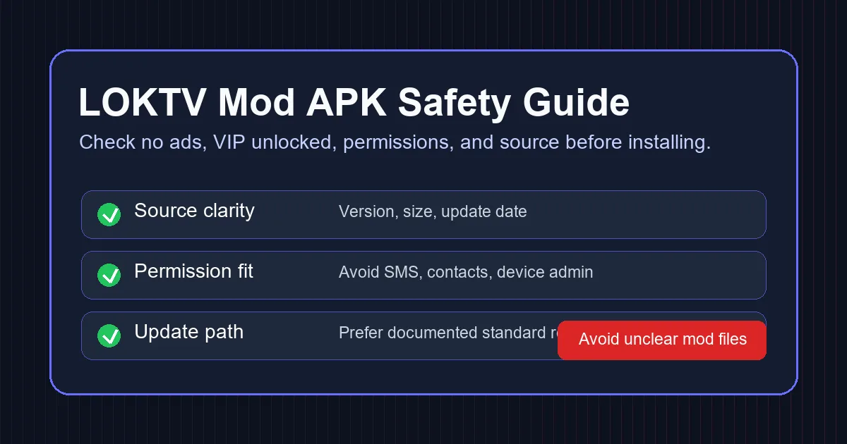 LOKTV Mod APK safety checklist comparing no ads and VIP claims with safer download checks