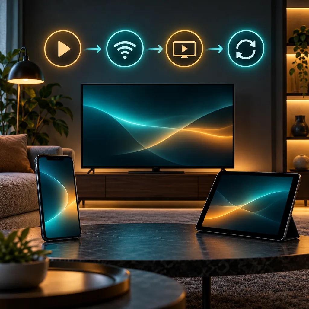 Redaktionelle Illustration von Smartphone, Tablet und Fernseher in einem LOKTV-Wiedergabediagnosepfad