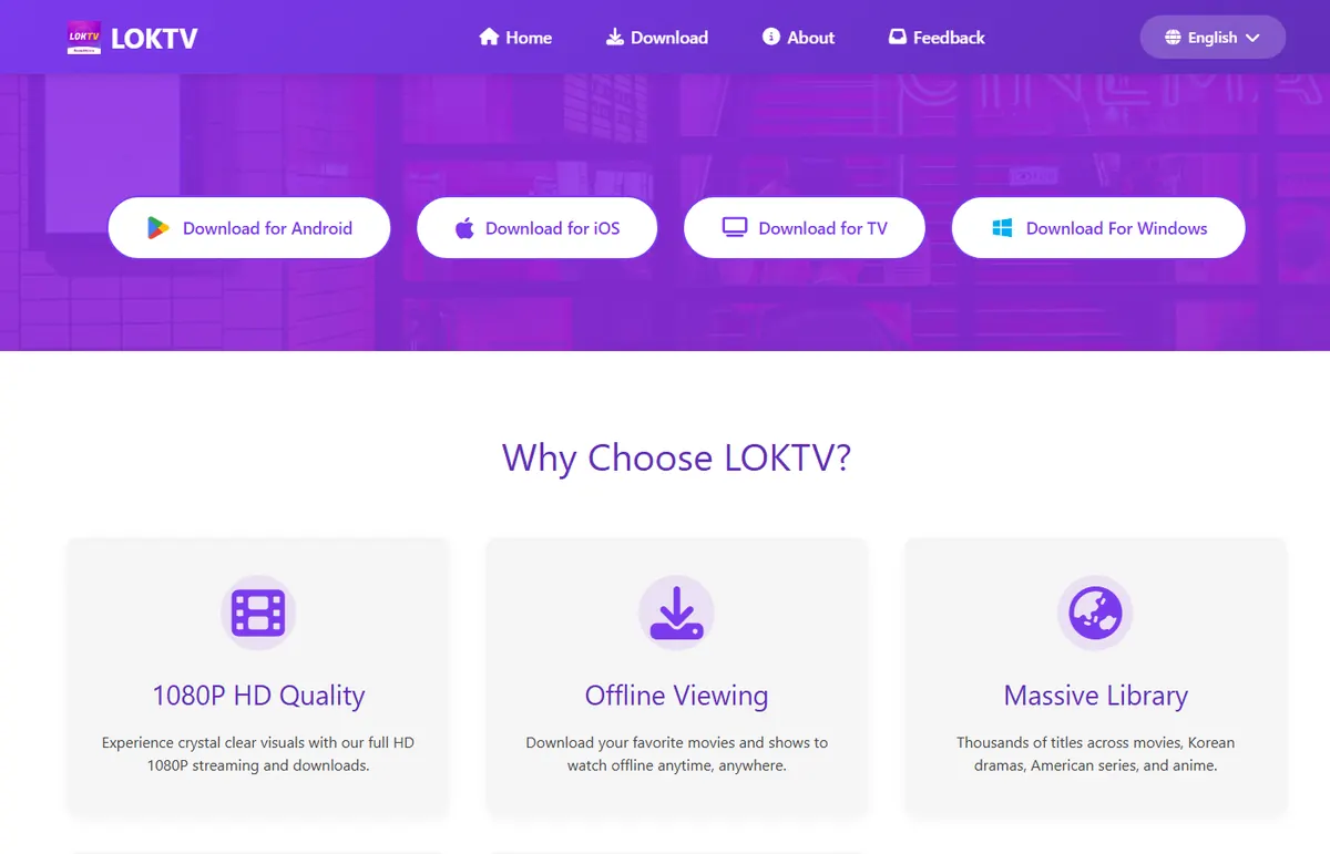 Página desktop do site oficial LOKTV com caminhos de plataformas e navegação do produto