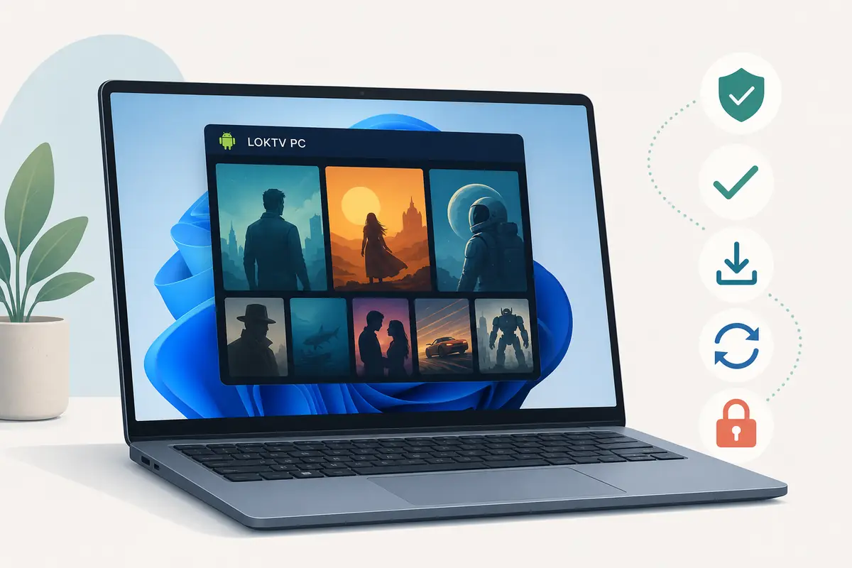 LOKTV for Windows PC editorial guide showing a laptop, emulator window, and safety icons